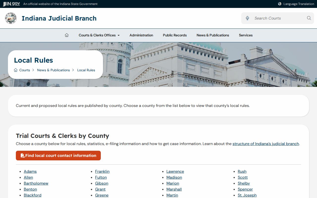 Indiana local rules directory for Blackford court settings