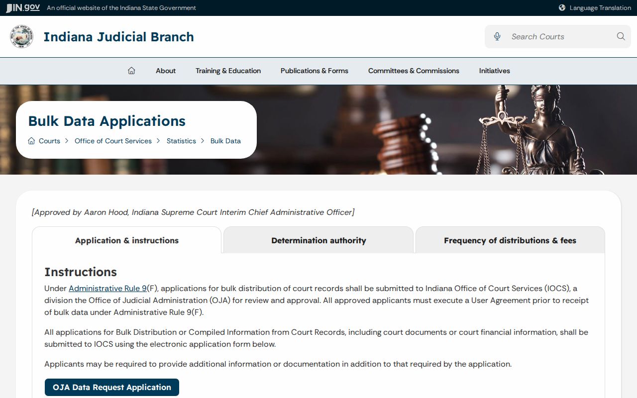 Indiana court bulk data request page separate from case search
