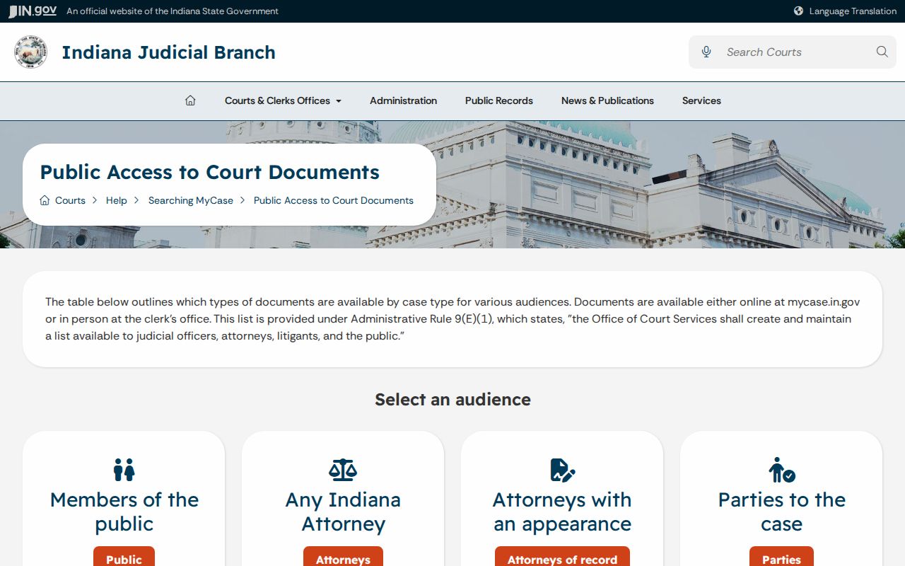 Indiana MyCase court document access rules for Blackford County