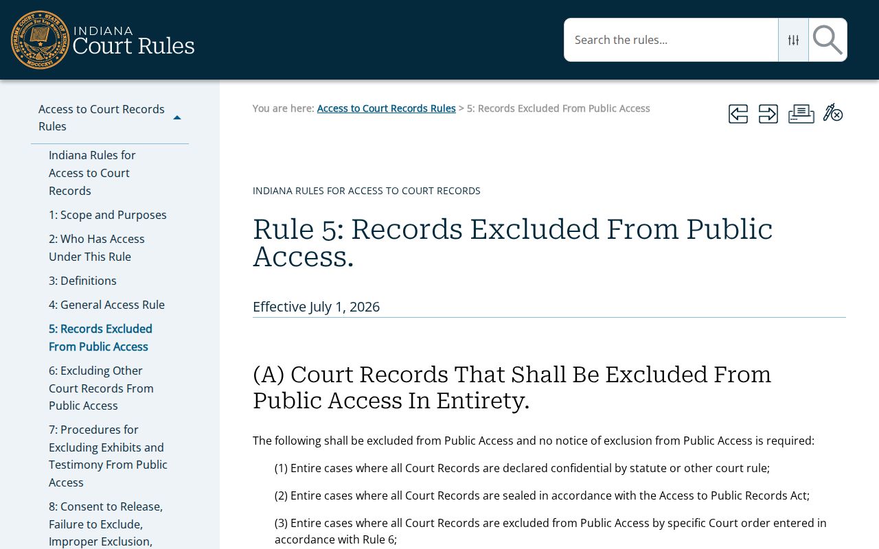 Indiana Rule 5 exclusions affecting Blackford County court records