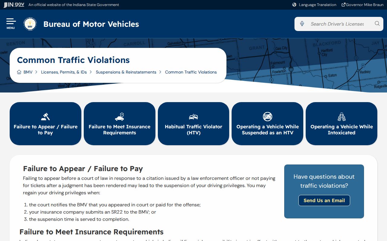 Indiana BMV failure to appear and pay information related to Blackford tickets
