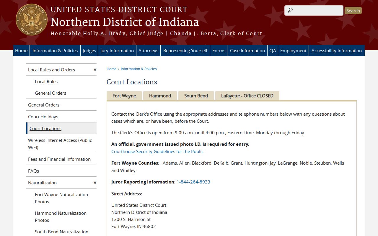 Northern District of Indiana court locations page