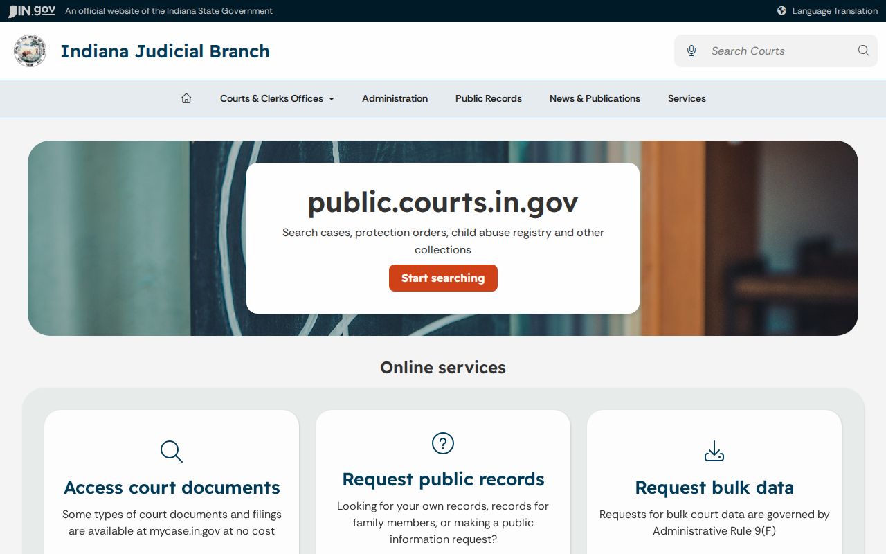 Indiana public court records page explaining MyCase and Clerk requests