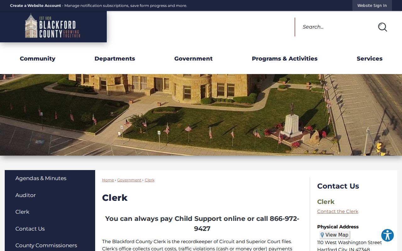 Blackford County Clerk page with office details and court costs