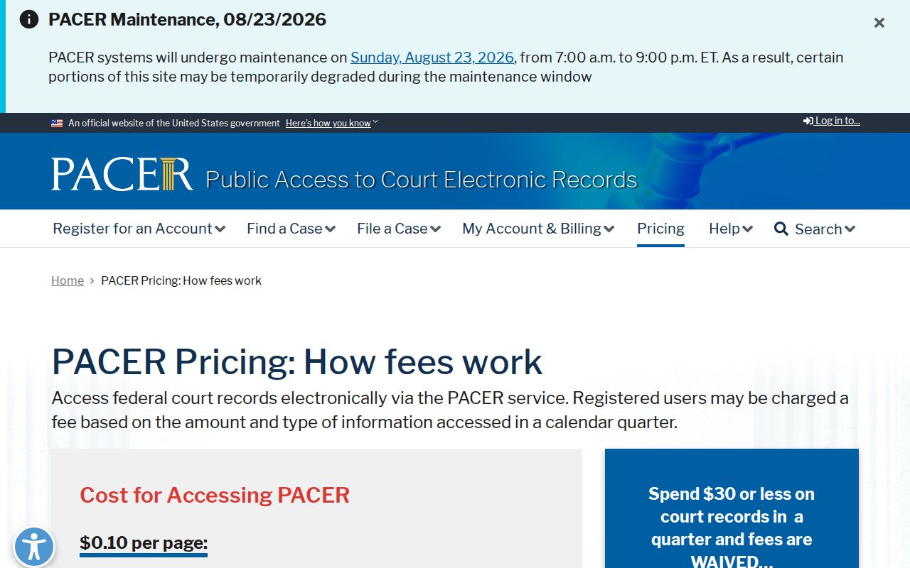 PACER federal court record pricing information